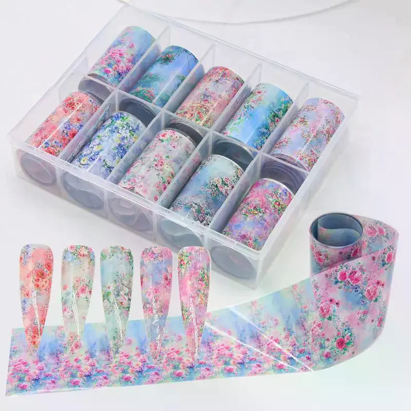 Floral Nail Art Transfer Foils Set – 10 Rolls Rose & Leaf Nail Art Foils PLUSH