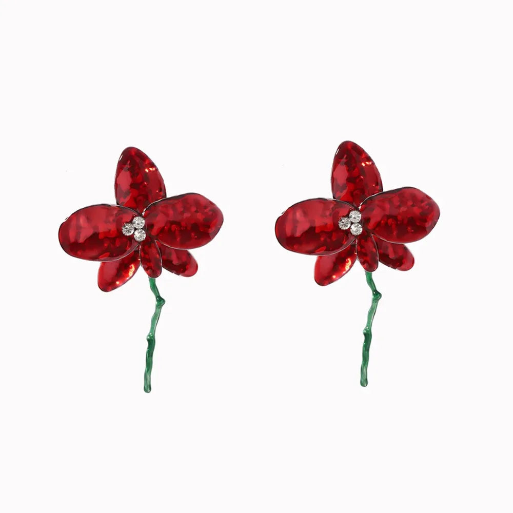 Vintage Enamel Flower Dangle Earrings – Bold Statement Jewelry Dangle Earrings PLUSH Red-White