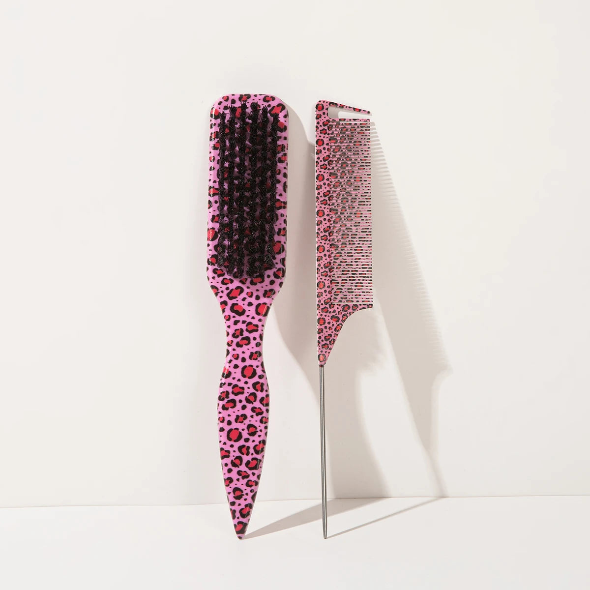 Leopard Print Rat Tail Comb Set of 2 – Precision Styling Hair Styling Comb PLUSH Pink