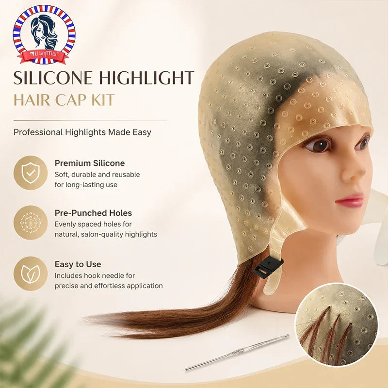 Professional Silicone Hair Coloring Cap & Hook Needle Set Hair Coloring Cap Set PLUSH