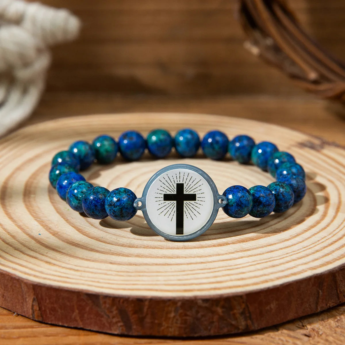 NFC Bible Verse Natural Stone Cross Bracelet – Unisex Christian Beaded Cross Bracelet PLUSH blue length 18cm