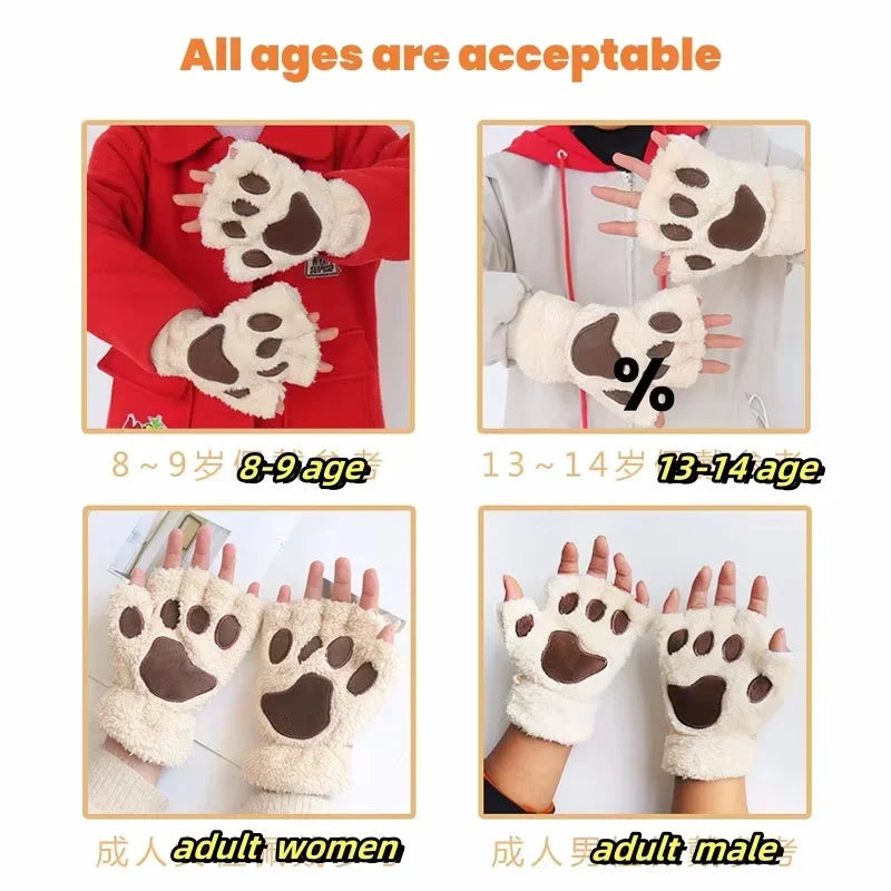 Fluffy Cat Paw Fingerless Gloves – Plush Animal Mittens Fingerless Plush Gloves PLUSH