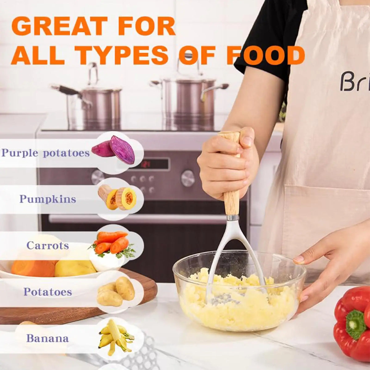 Potato Masher Wooden Handle – Aluminum Kitchen Food Masher Potato Masher PLUSH
