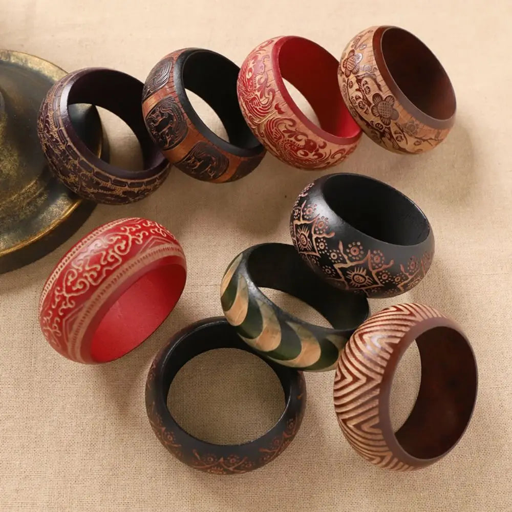 Retro Carved Wooden Bangle – Wide Colorful Ethnic Bracelet Wooden Bangle Bracelet PLUSH
