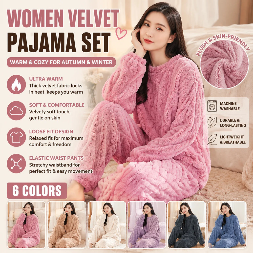 Women's Velvet Fleece Pajama Set – Warm Loose Top & Pants Pajama Set PLUSH