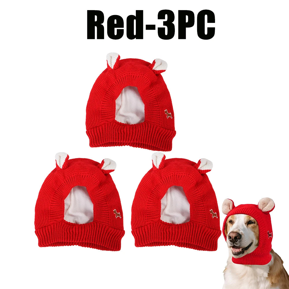 Winter Knitted Ear Muffs & Neck Warmer Hat for Dogs & Cats Pet Winter Hat PLUSH Red-3PC