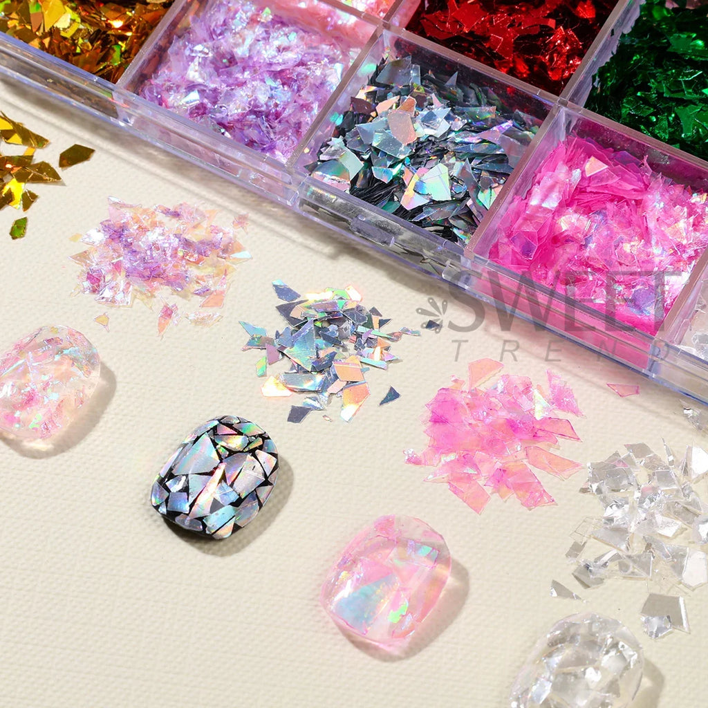 15-Grid Iridescent Broken Glass Nail Glitter Flakes | Aurora Sequins Nail Art Glitter PLUSH