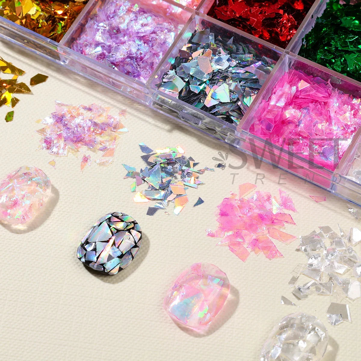 15-Grid Iridescent Broken Glass Nail Glitter Flakes | Aurora Sequins Nail Art Glitter PLUSH