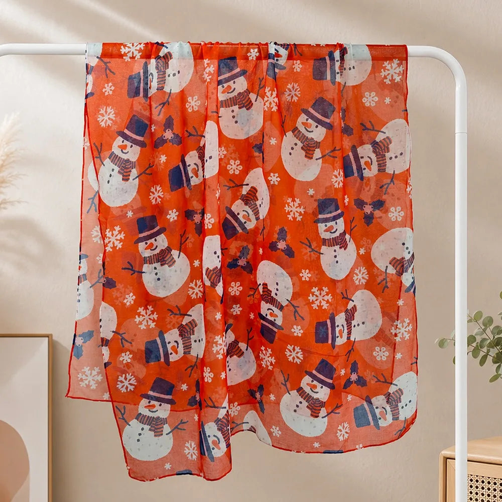 Women's Christmas Voile Scarf – Snowman Print Shawl 180x90cm Holiday Voile Scarf PLUSH 11