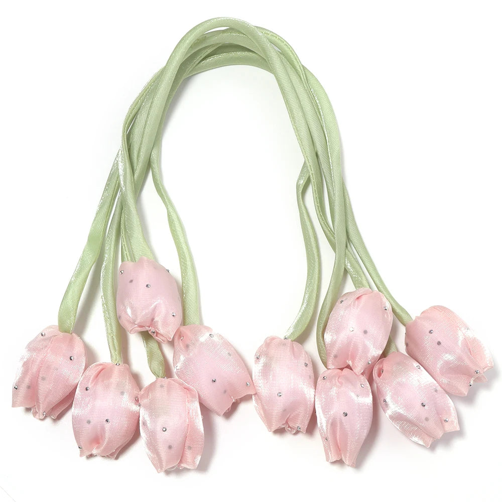 5pcs Satin Tulip Flower Strings Rhinestone DIY Hair & Garment Fabric Flower Trim PLUSH light pink