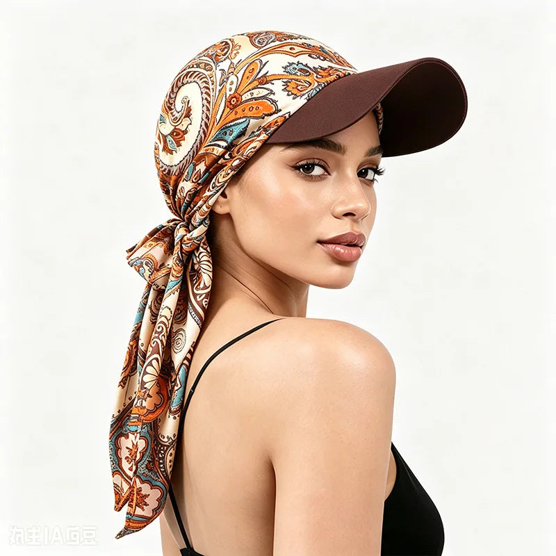 Women's Bandana Visor Hat Self-Tie Headscarf Beach Cap Visor Headscarf Hat PLUSH Orange flower One Size