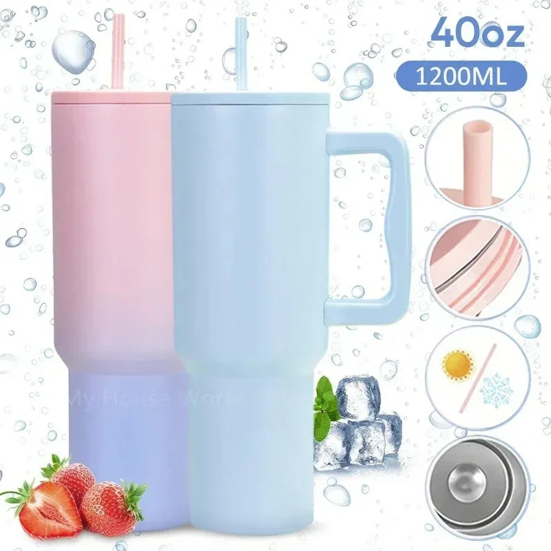 40oz Vacuum Insulated Tumbler with Handle, Lid & Straw Insulated Travel Tumbler PLUSH