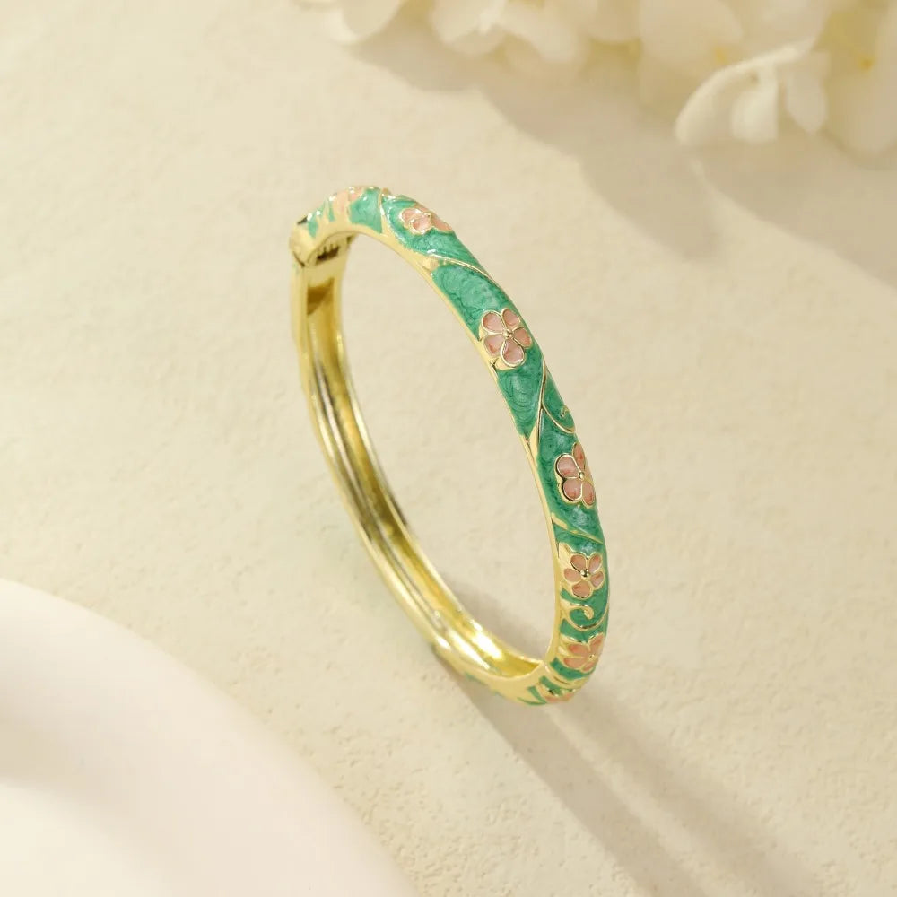 Cloisonné Enamel Floral Bangle – Vintage Ethnic Bracelet Enamel Bangle PLUSH green and orange