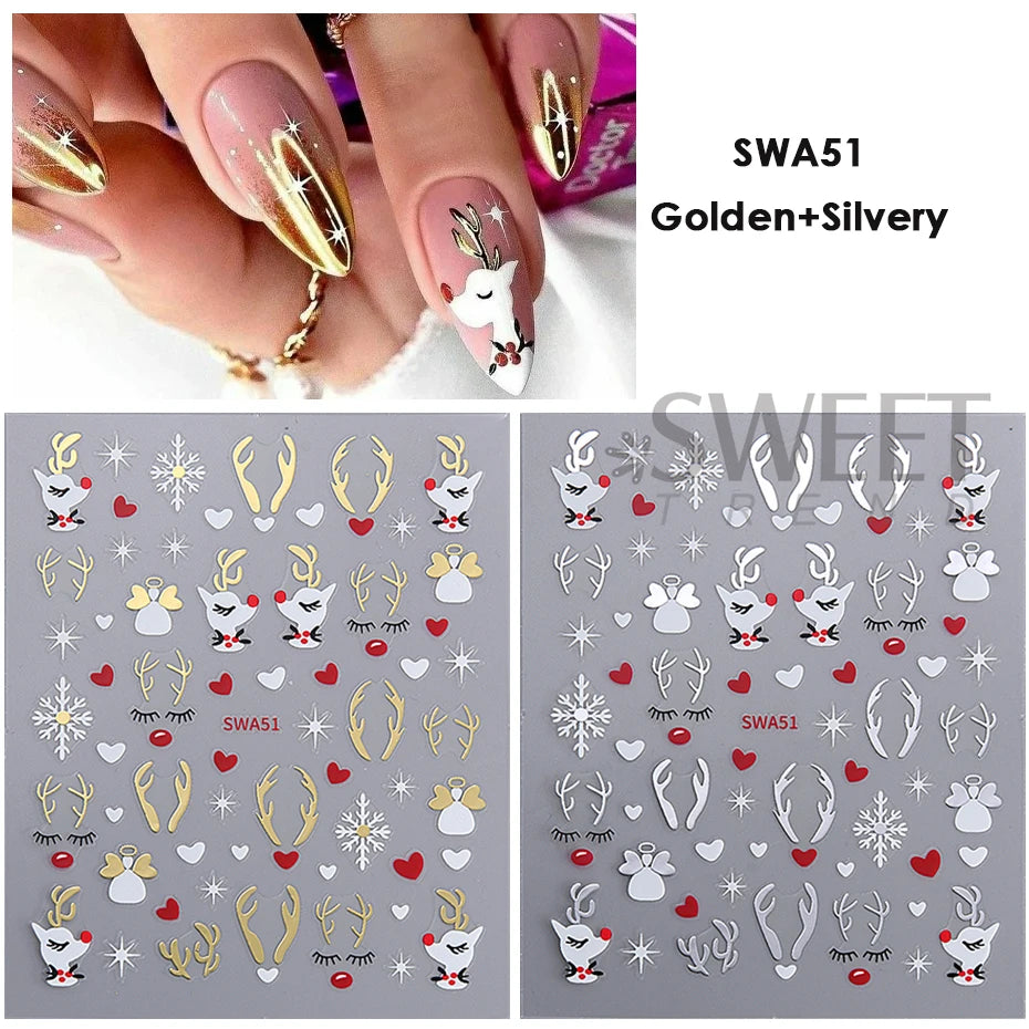 Christmas 3D Nail Stickers Gold Silver Glitter Xmas Decals 2pcs Nail Art Stickers PLUSH SWA51 Gold Silver