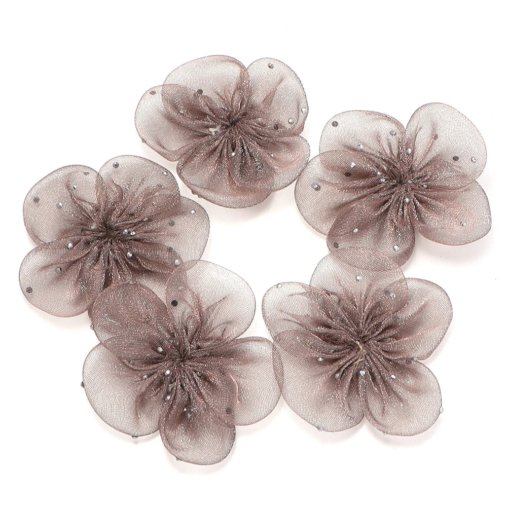5pcs Organza Flower Appliques 5.5cm – DIY Crafts & Hair Decor Fabric Flower Appliques PLUSH red brown 5.5cm