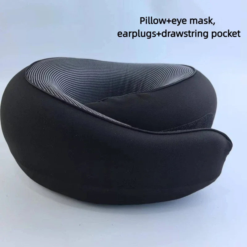 Memory Foam Travel Neck Pillow Set with Eye Mask & Earplugs Travel Neck Pillow PLUSH Black Velcro set