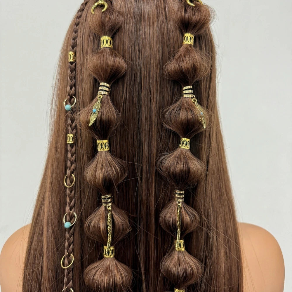 31pcs Retro Gold Leaf Moon Blue Metal Hair Braid Beads Set Hair Braid Beads PLUSH