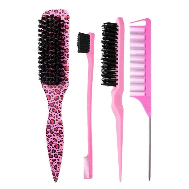Bristle Slick Back Hair Brush – Edge Control & Ponytail Hair Styling Brush PLUSH Pink leopard print