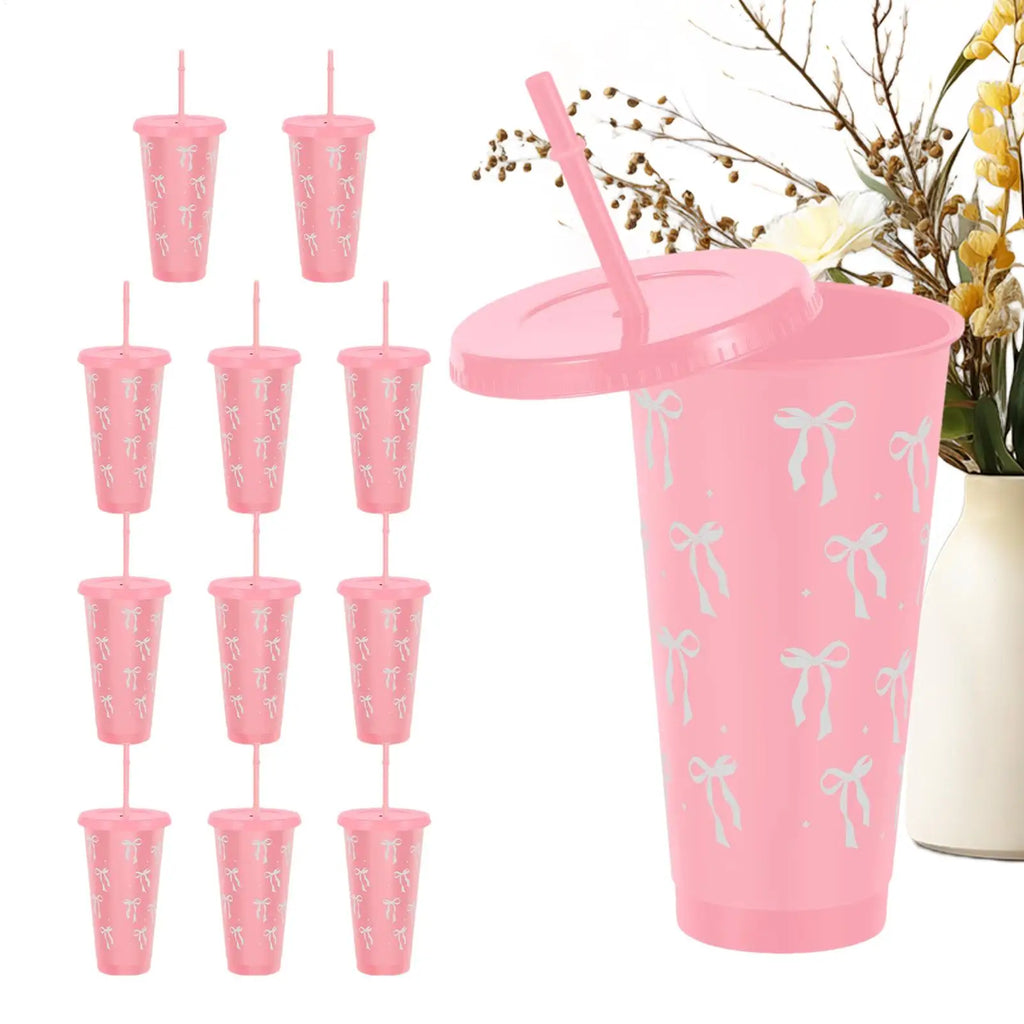 12-Pack Bow Tumbler Cups with Straw & Lid – 24oz Reusable Tumbler Cup Set PLUSH