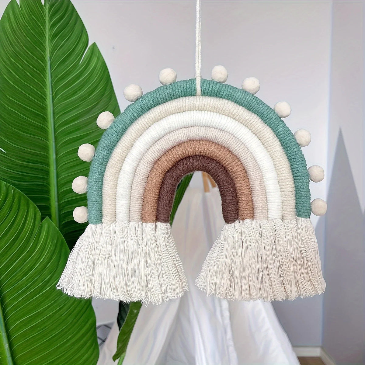 Handwoven Rainbow Macrame Wall Hanging | Boho Pom Pom Decor Macrame Wall Hanging PLUSH