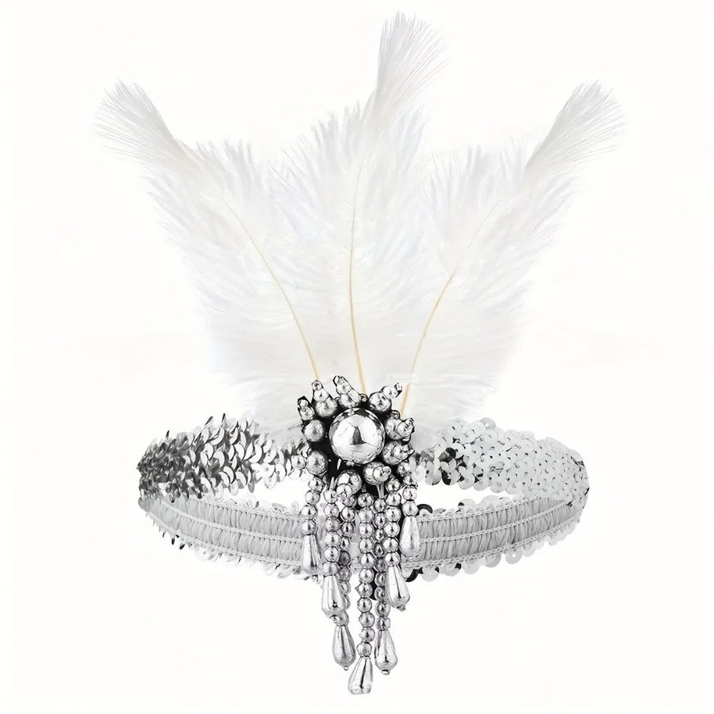 Vintage 1920s Feather Headband – Sequin Rhinestone Headpiece Feather Headband PLUSH White