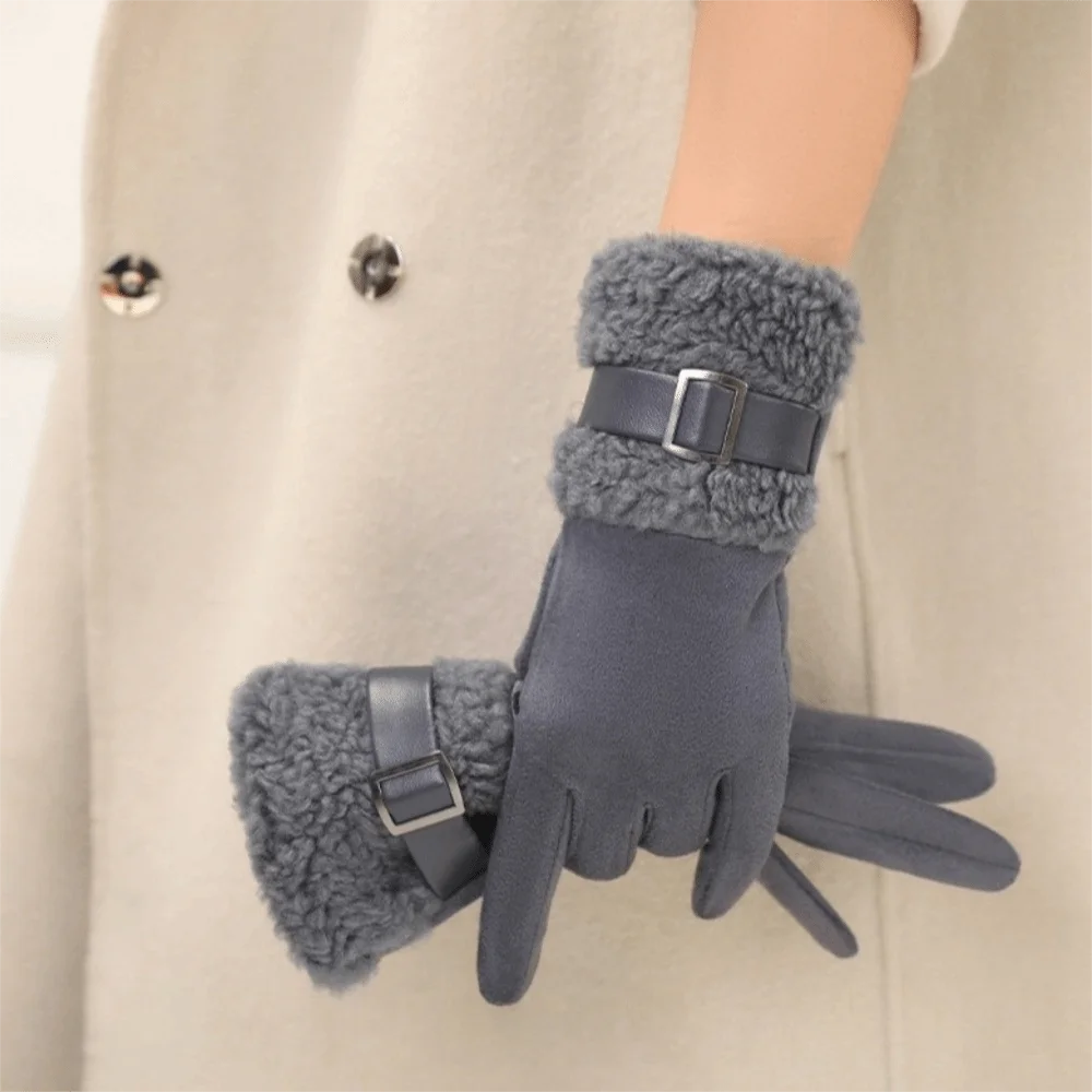 Women's Fleece-Lined Suede Winter Gloves – Windproof Full Finger Winter Gloves PLUSH Grey
