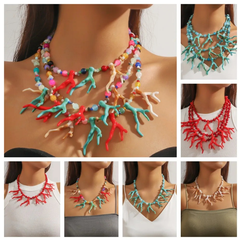 Multi-Layer Beaded Coral Necklace | Boho Beach Choker Beaded Choker Necklace PLUSH