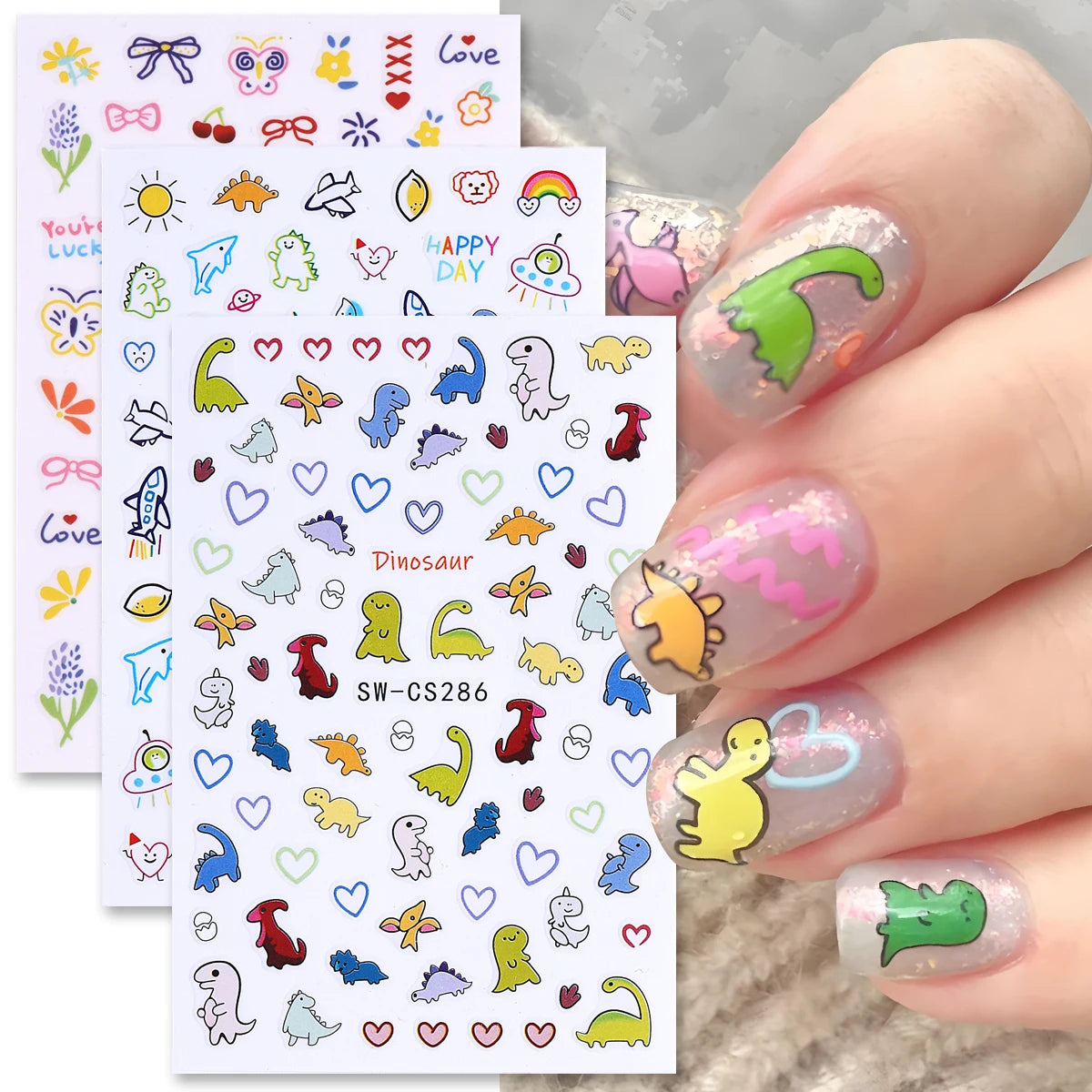 Cartoon Kawaii Nail Stickers – Dinosaur & DIY Decals 2/3pcs Nail Art Stickers PLUSH