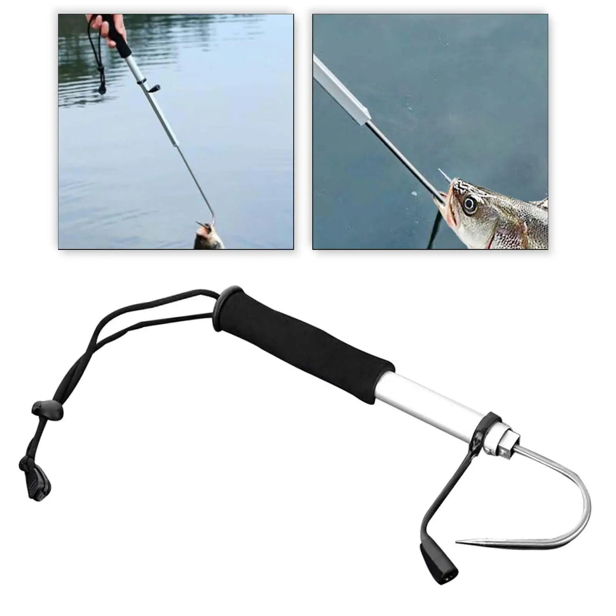 Heavy Duty Telescopic Fish Gaff – Sharp Hook & Ergonomic Handle Telescopic Fish Gaff PLUSH BlackArgent