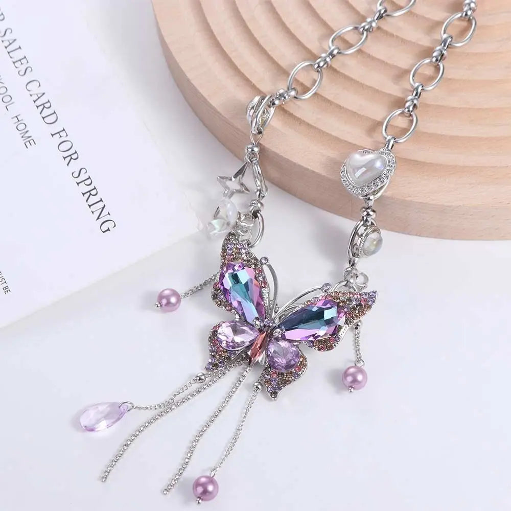 Rhinestone Butterfly Choker Necklace – Vintage Zircon & Pearl Choker Necklace PLUSH