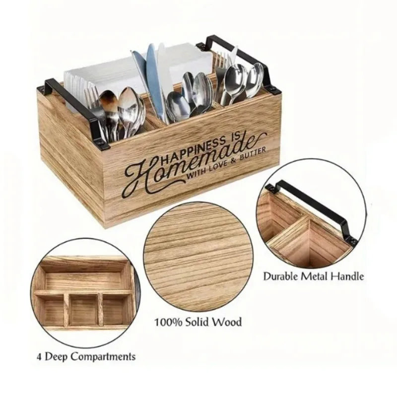 Wooden Cutlery & Desktop Organizer Tray – Rustic Storage Box Kitchen Organizer Tray PLUSH
