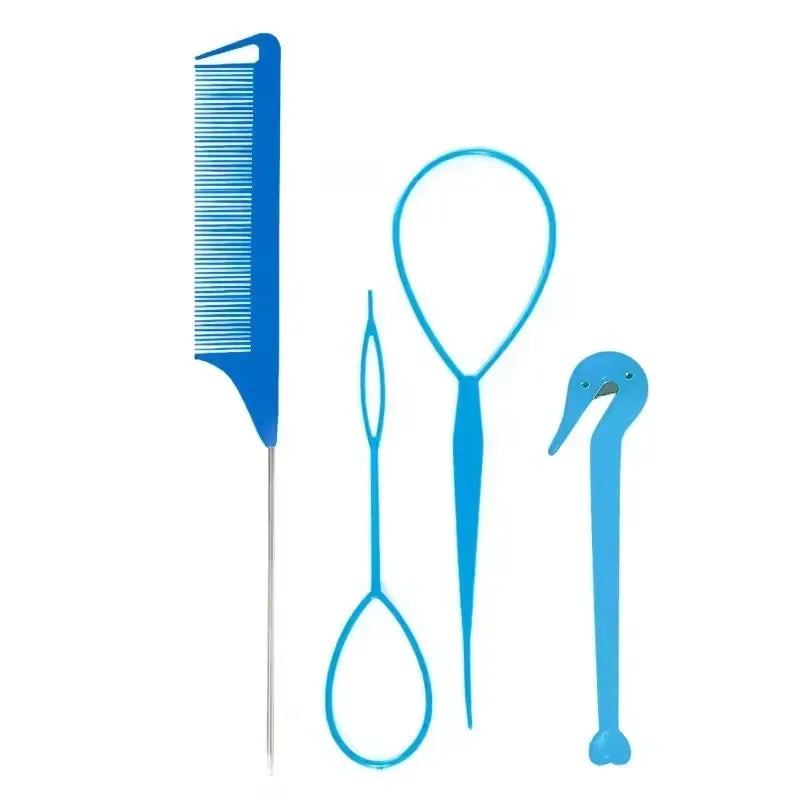 Hair Styling Set – Rubber Bands, Cutter & Rat Tail Comb Kit Hair Styling Kit PLUSH Blue 4Pcs Set