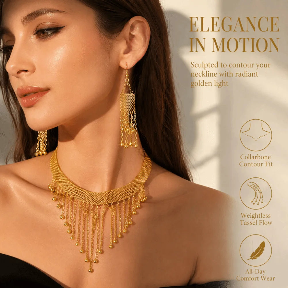 Boho Gold Fringe Tassel Necklace & Earrings Bridal Jewelry Set Jewelry Set PLUSH