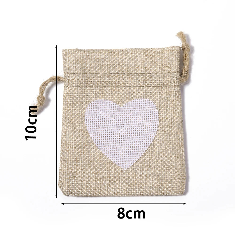 5pcs Heart Burlap Drawstring Gift Bags – Jute Wedding Pouches Burlap Gift Bags PLUSH Brown 8x10cm 5pcs