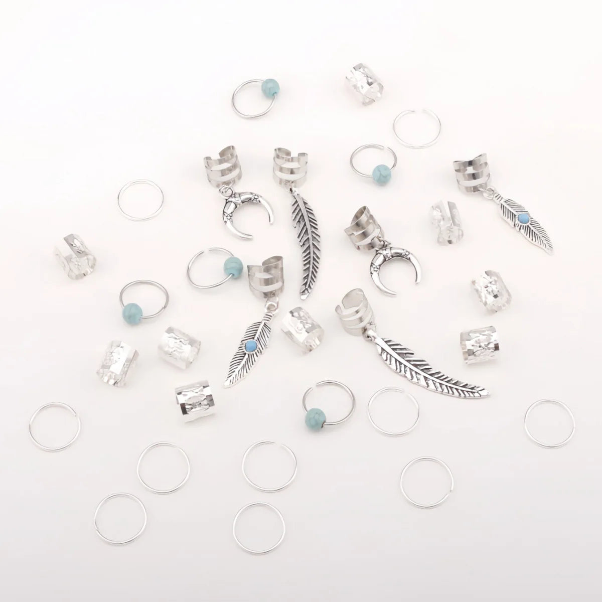 31pcs Retro Gold Leaf Moon Blue Metal Hair Braid Beads Set Hair Braid Beads PLUSH Silver 31pcs