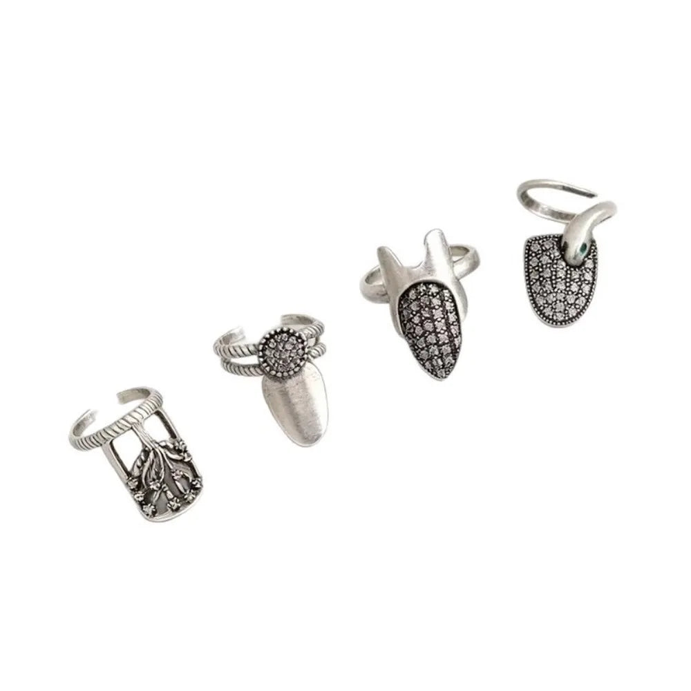 Gothic Nail Cover Ring Set – 4pcs Adjustable Silver Tone Nail Cover Rings PLUSH Silver