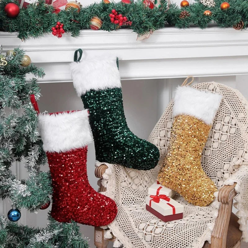 Large Flip Sequin Christmas Stockings – Fireplace Holiday Decor Christmas Stocking PLUSH