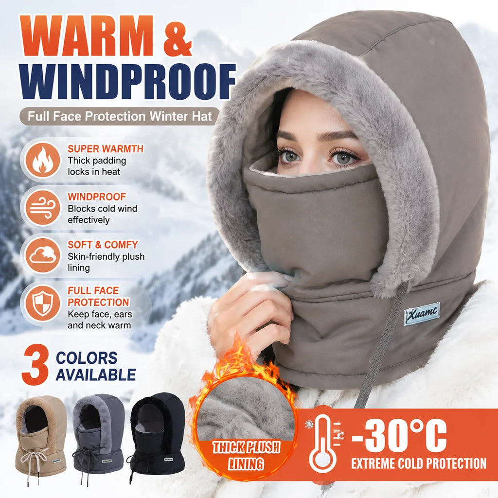 3-in-1 Winter Hooded Hat Face Mask & Scarf – Windproof Warm Winter Hat Set PLUSH