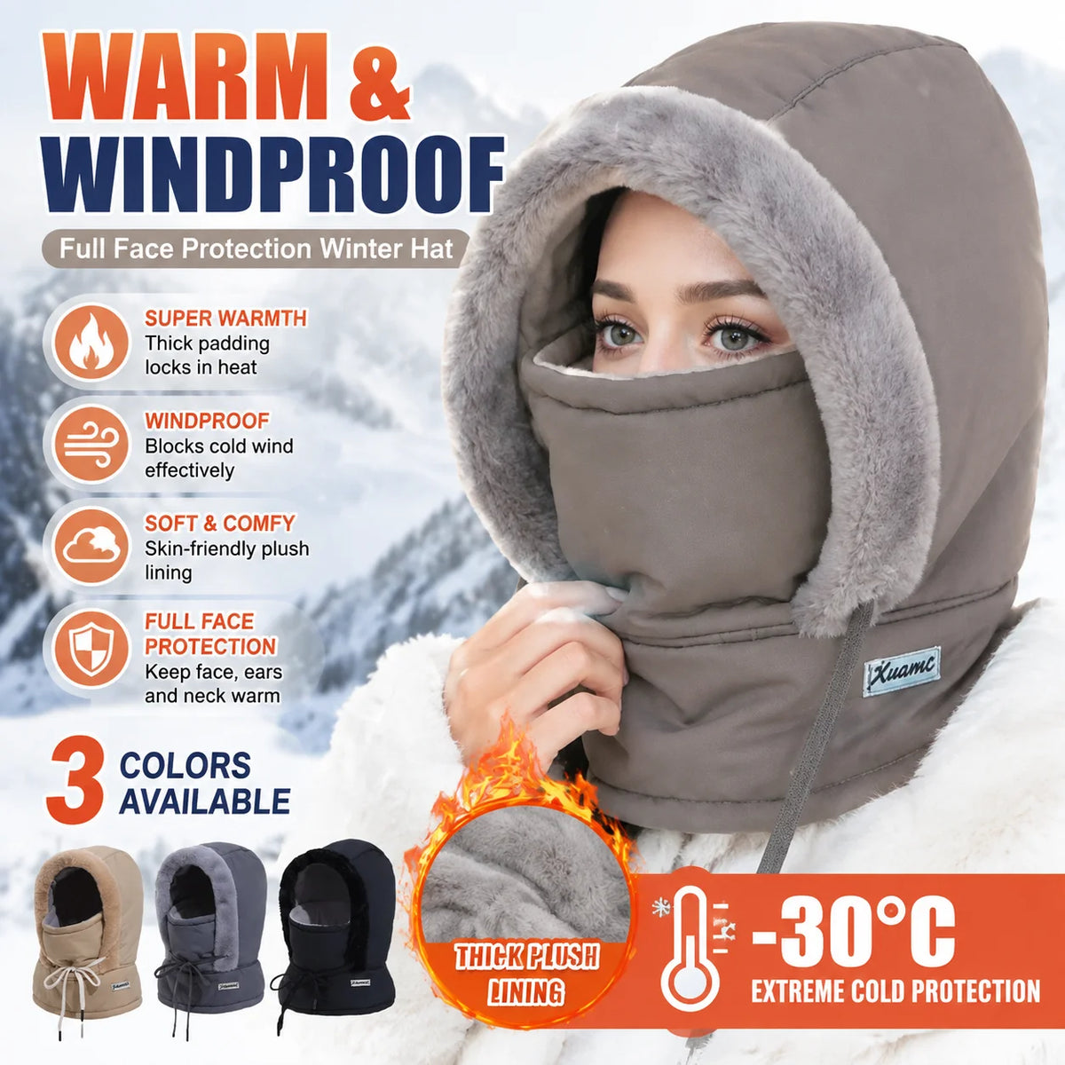 3-in-1 Winter Hooded Hat Face Mask & Scarf – Windproof Warm Winter Hat Set PLUSH
