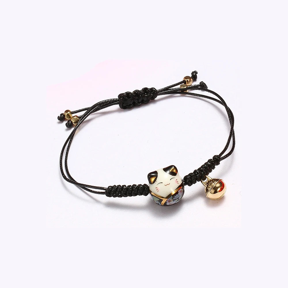 Ceramic Cat Bell Red Rope Bracelet | Lucky Charm Jewelry Charm Bracelet PLUSH black