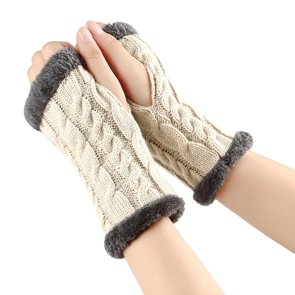 Vintage Knit Fingerless Gloves Faux Fur – Women's Winter Gloves Fingerless Knit Gloves PLUSH Beige