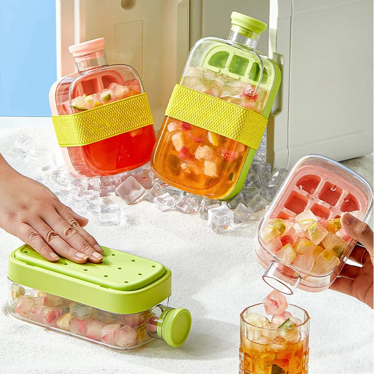 500ml Ice Cube Maker Bottle with Straw – Stackable Design Ice Cube Maker Bottle PLUSH