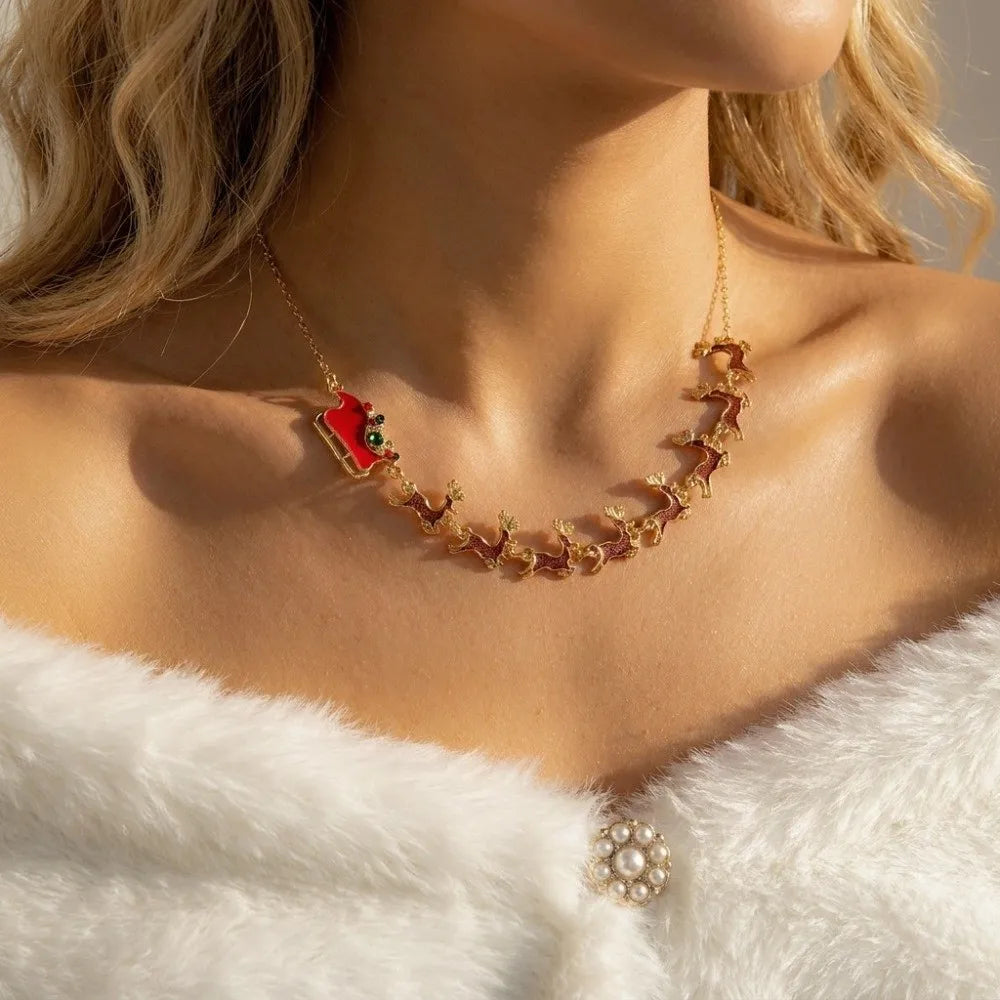 Christmas Sleigh Pendant Necklace – Enamel Rhinestone Choker Pendant Necklace PLUSH