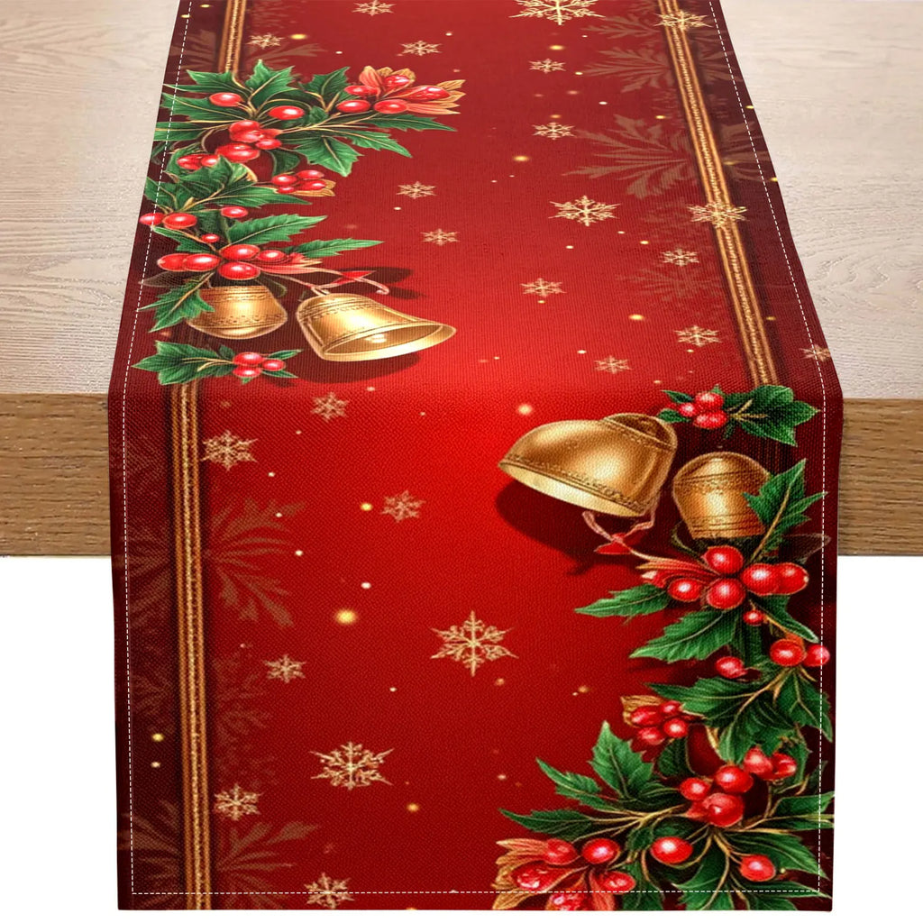 Red Christmas Table Runner – Snowflake, Bell & Berry Print Holiday Table Runner PLUSH A 33X275Cm