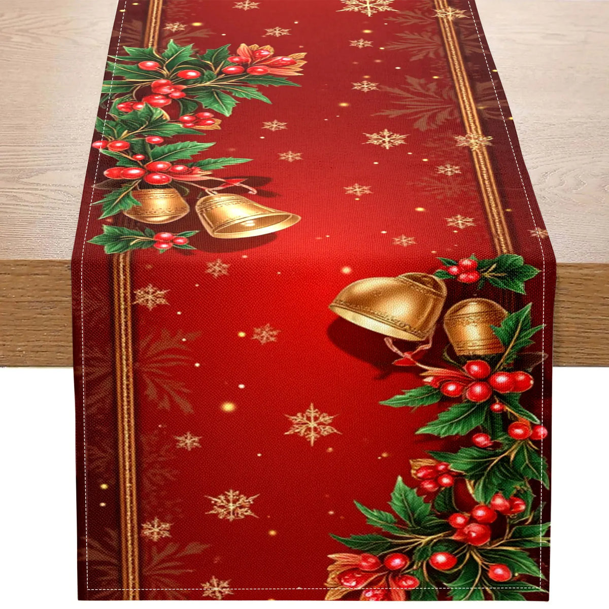 Red Christmas Table Runner – Snowflake, Bell & Berry Print Holiday Table Runner PLUSH A 33X275Cm