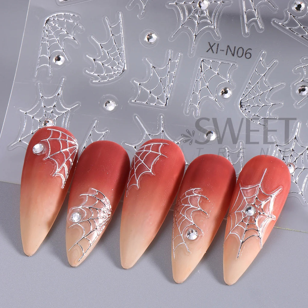 Spider Web Nail Stickers with Rhinestones – Gothic Halloween Decals Nail Art Stickers PLUSH