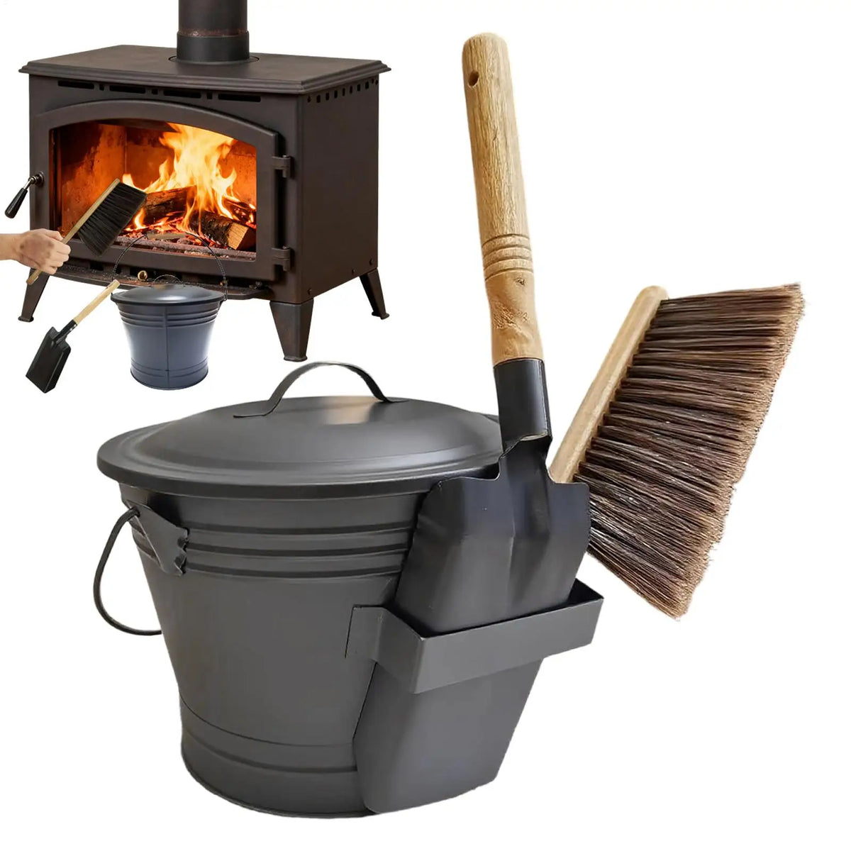 Metal Fireplace Ash Bucket Set with Lid, Shovel & Broom Fireplace Ash Bucket PLUSH