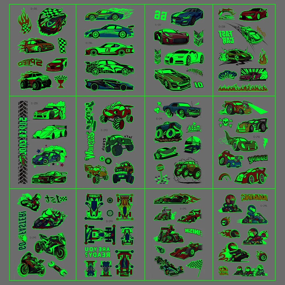 Glow in the Dark Motorcycle Tattoo Stickers for Kids – Waterproof Temporary Tattoo Stickers PLUSH