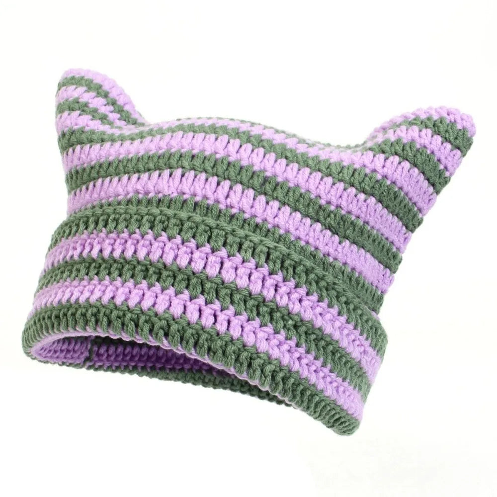 Y2K Cat Ears Beanie Hat – Striped Knit Crochet Pullover Knit Beanie Hat PLUSH Style 7