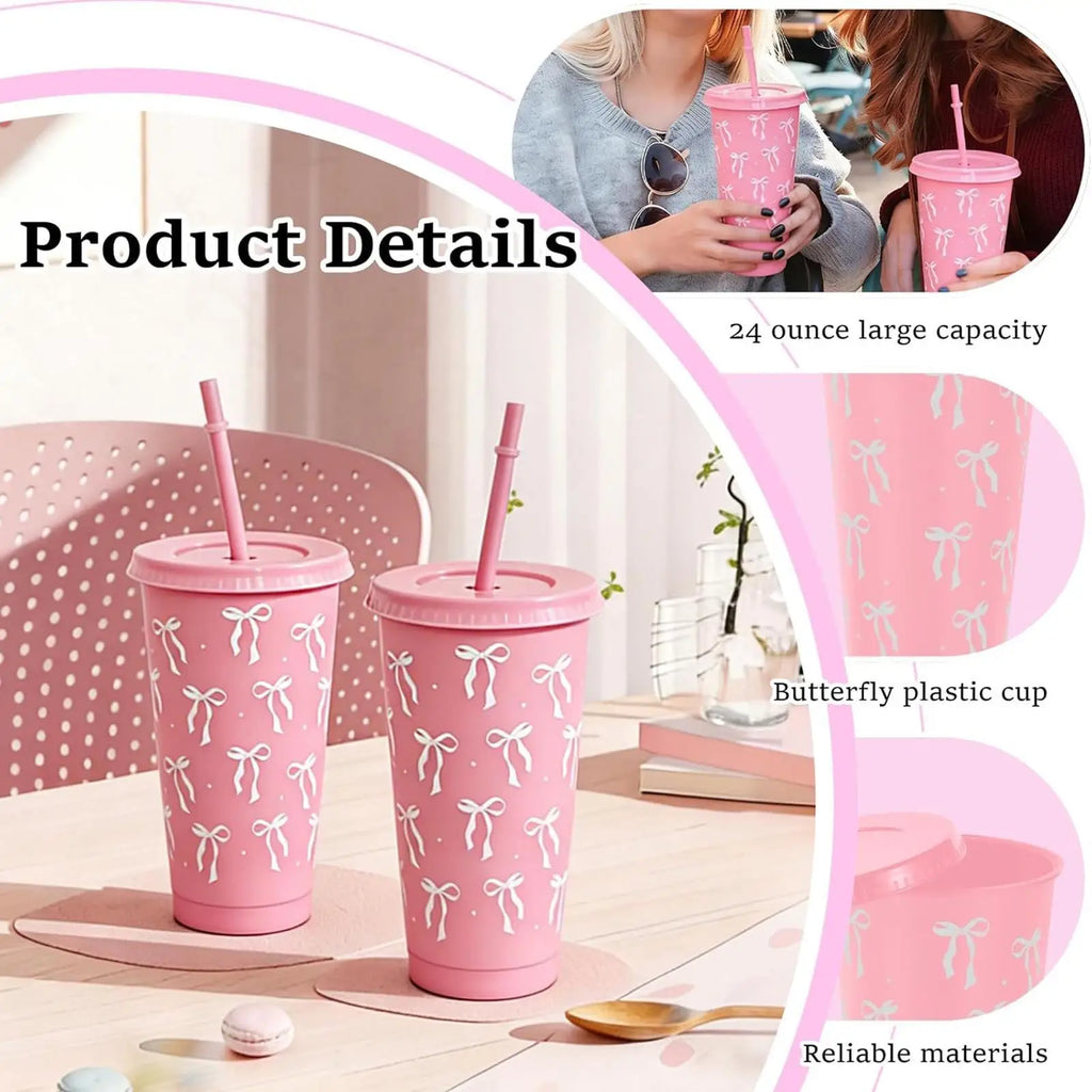 12-Pack Bow Tumbler Cups with Straw & Lid – 24oz Reusable Tumbler Cup Set PLUSH